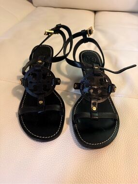 Tory Burch Black Leather Logo T-Strap Sandals with Gold Accents